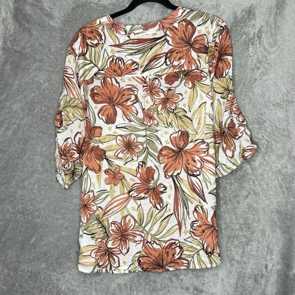 Preswick & Moore 2X Top Shirt Brown Floral Flower Button Up Short Sleeve V Neck - Picture 6 of 7
